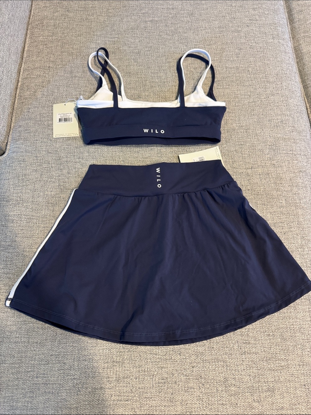 NWT. WILO the label Navy Blue Sports Bra and Skirt Set Size Small